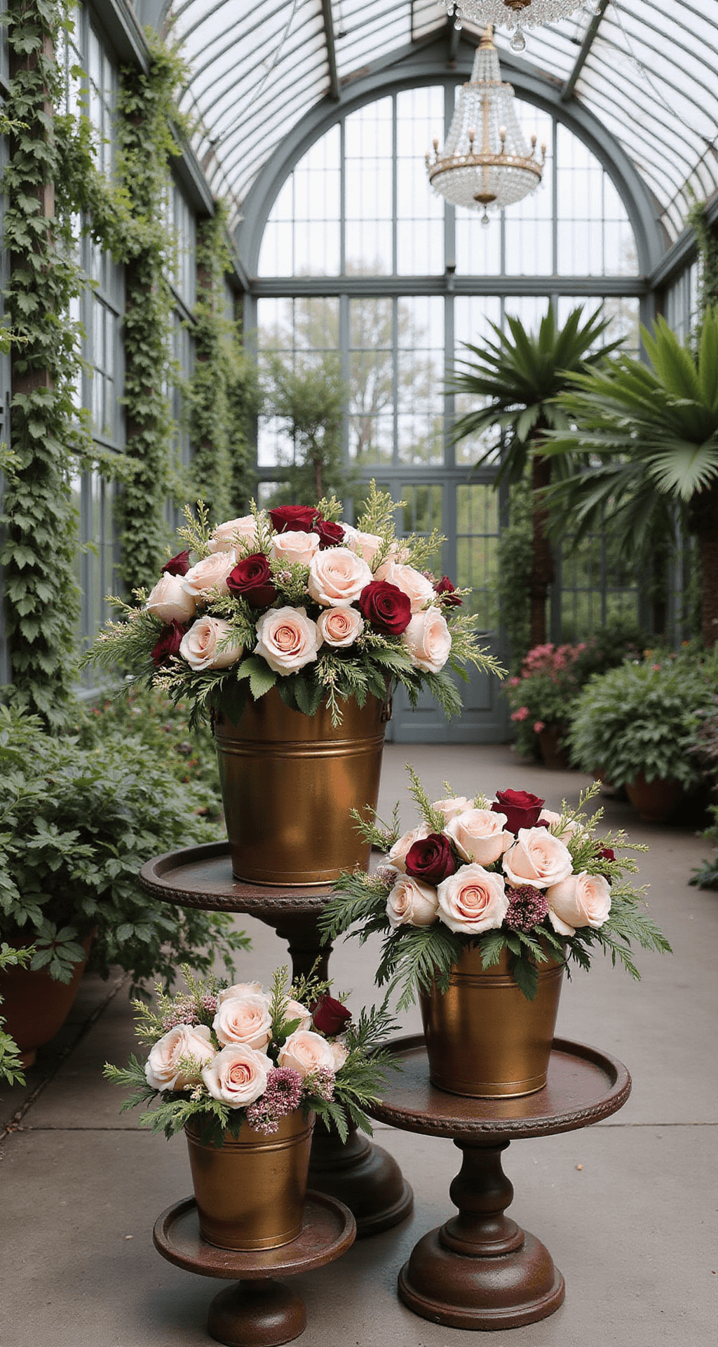 A Victorian conservatory wedding with antique brass bucket arrangements on tiered display stands, featuring cascading deep burgundy and blush pink English garden roses, illuminated by diffused afternoon light through greenhouse glass, with crystal chandeliers overhead.
