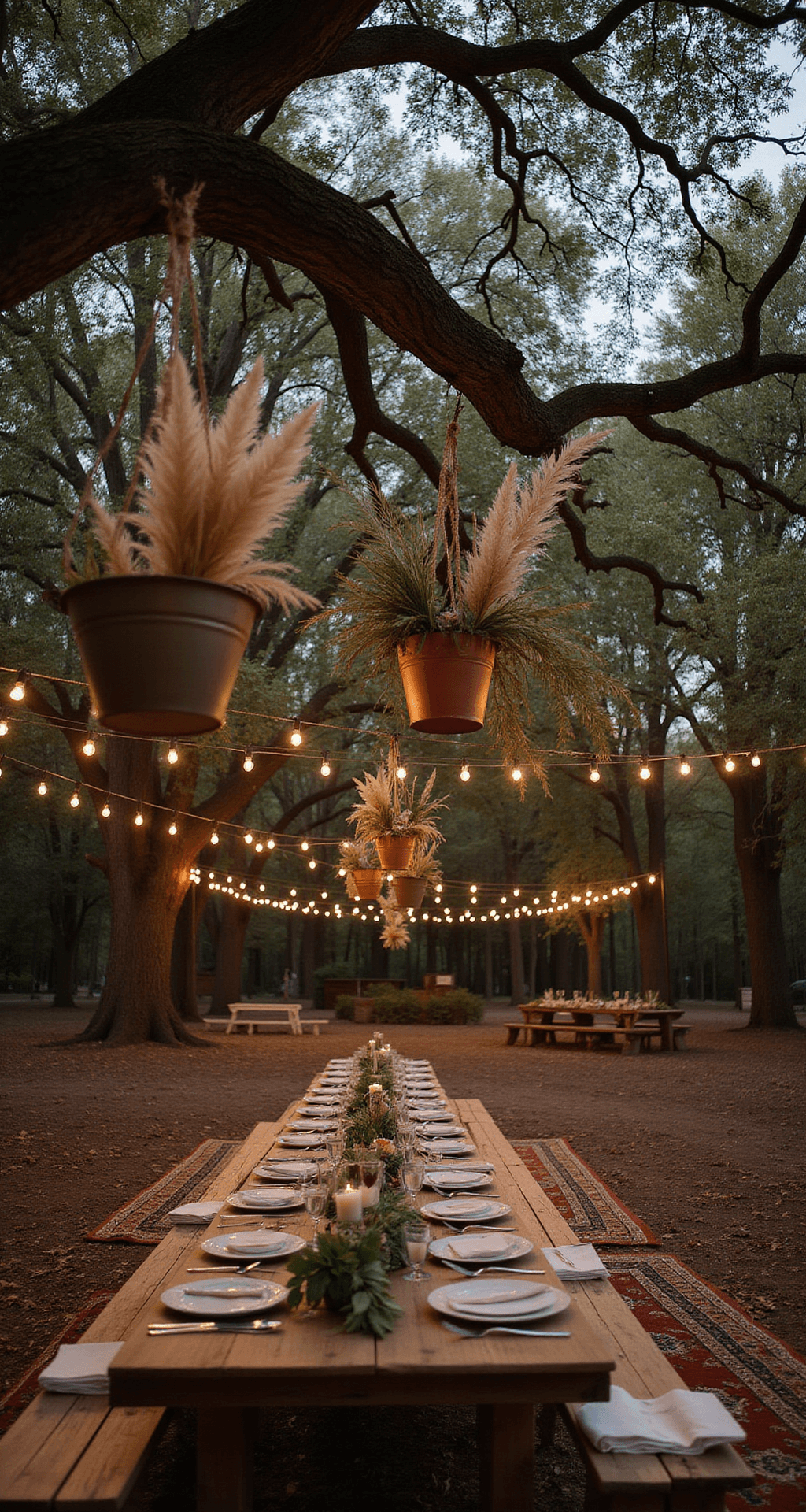 Bohemian forest wedding reception featuring mixed metallic buckets filled with pampas grass, protea, and dried palm fronds, illuminated by warm bistro lights, with vintage rugs and low tables on the forest floor.