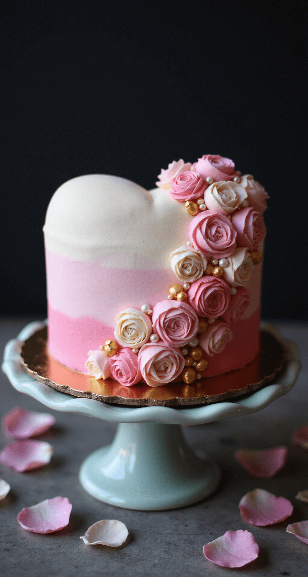 Professional overhead shot of a heart-shaped cake with pink ombré buttercream frosting, decorated with piped rosettes, pearls, and sugar flowers, displayed on a vintage cake stand against a dark background with dramatic lighting and a soft bokeh effect.