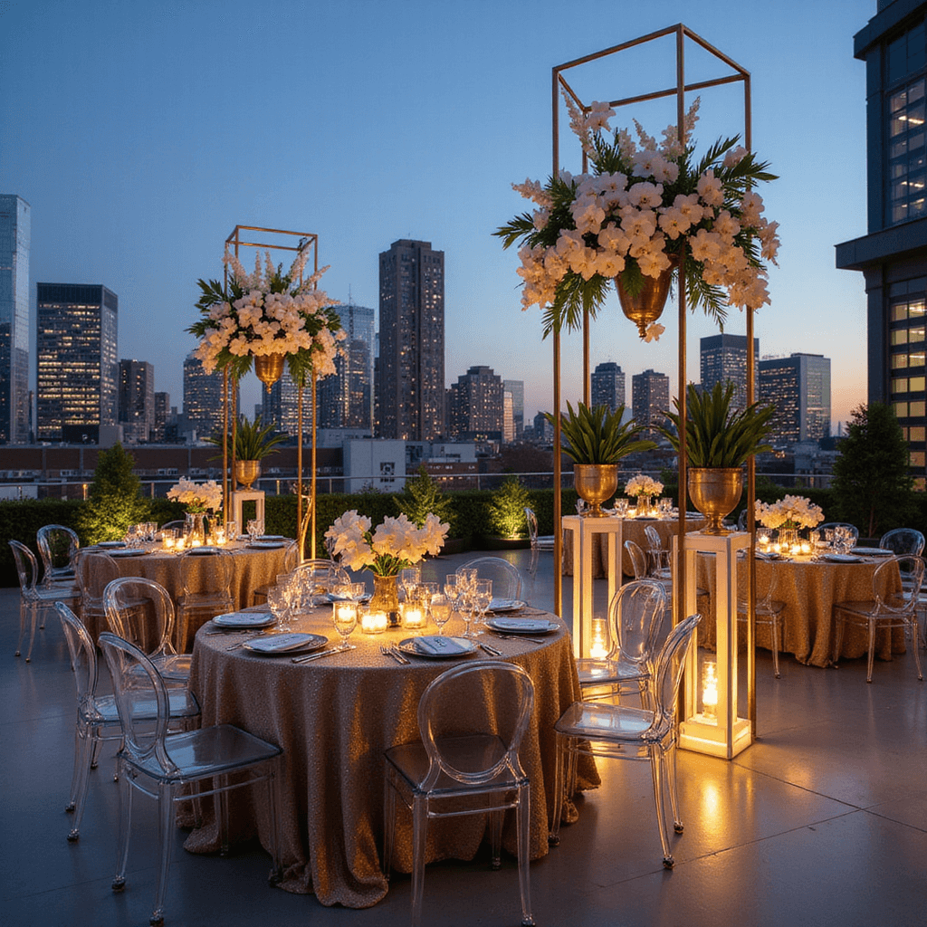 A modern rooftop celebration at twilight with sleek ghost chairs around tables in champagne linens, featuring gold frames with floating orchids and calla lilies, lit by LED risers with tropical leaves, against a twinkling city skyline.