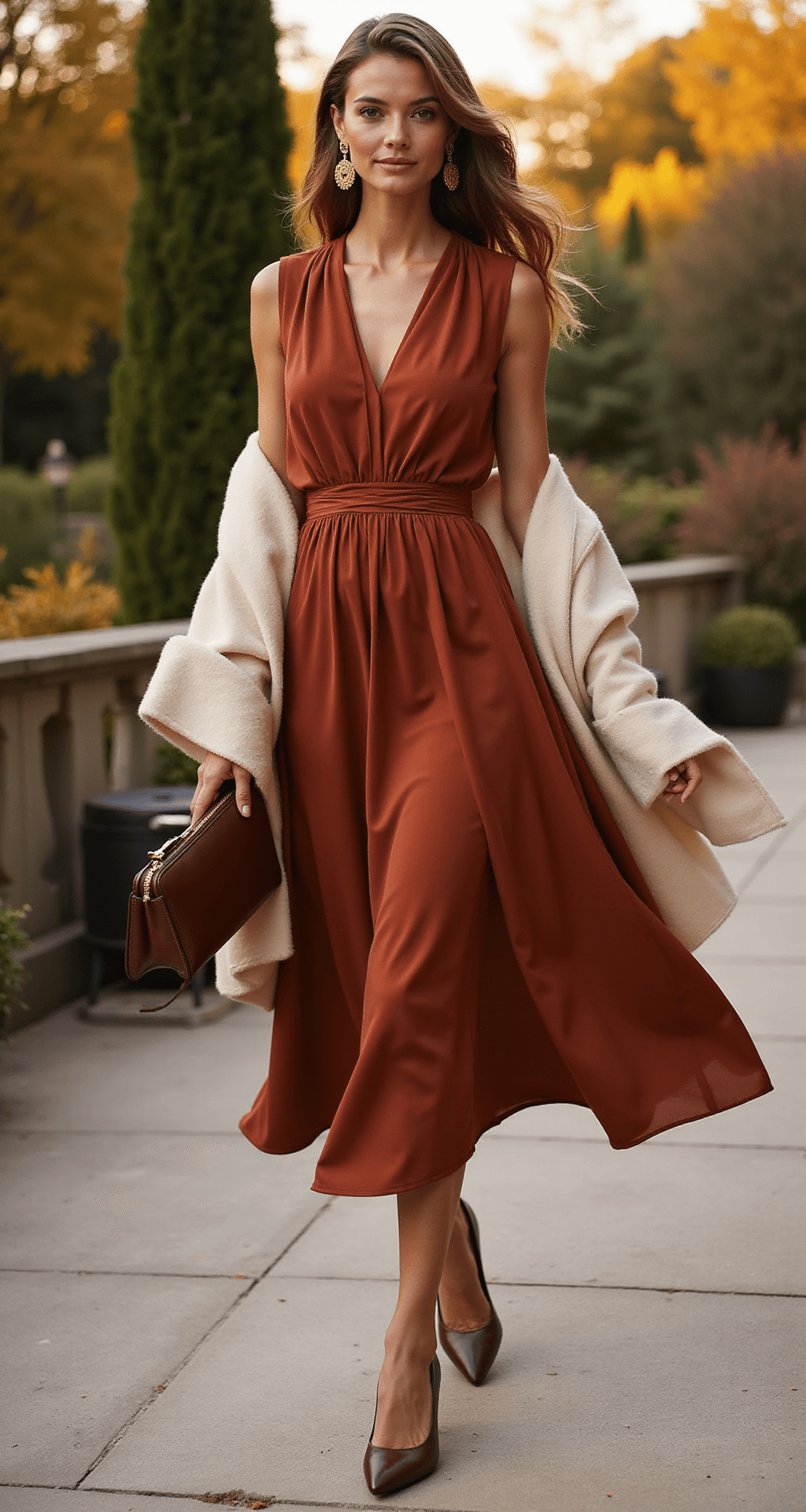 A model in a rust-colored heavy crepe midi dress with subtle pleating moves gracefully on an autumn garden terrace at magic hour, her dress flowing with the wind. She wears chocolate brown closed-toe heels and holds a matching leather clutch, while gold-toned statement earrings shimmer in the setting sun. A cream cashmere wrap drapes elegantly over one arm, enhancing the sophisticated ambiance of the romantic garden setting captured from above.