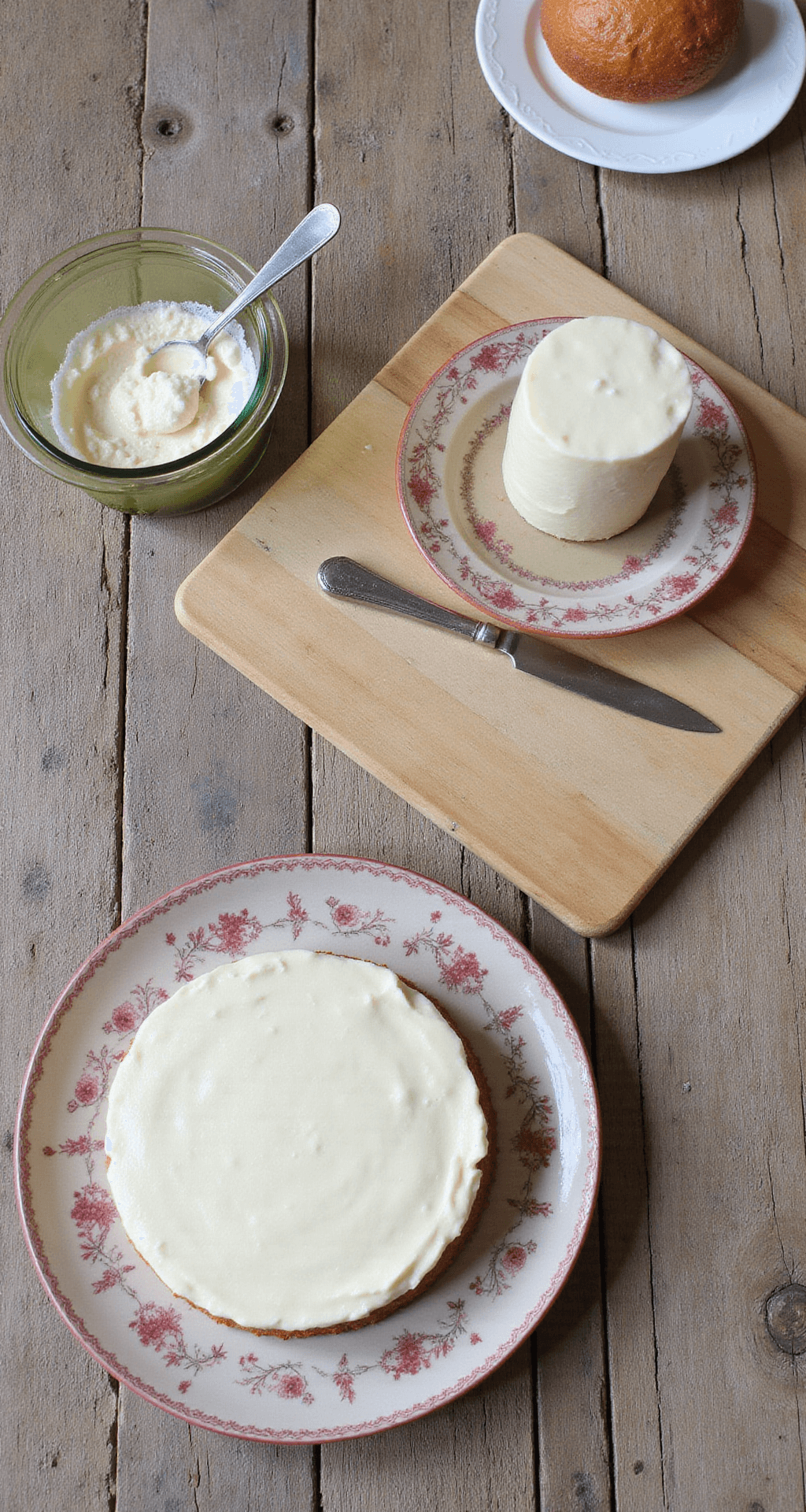 A vintage kitchen setup with various cake preparation ingredients and utensils on a rustic table.