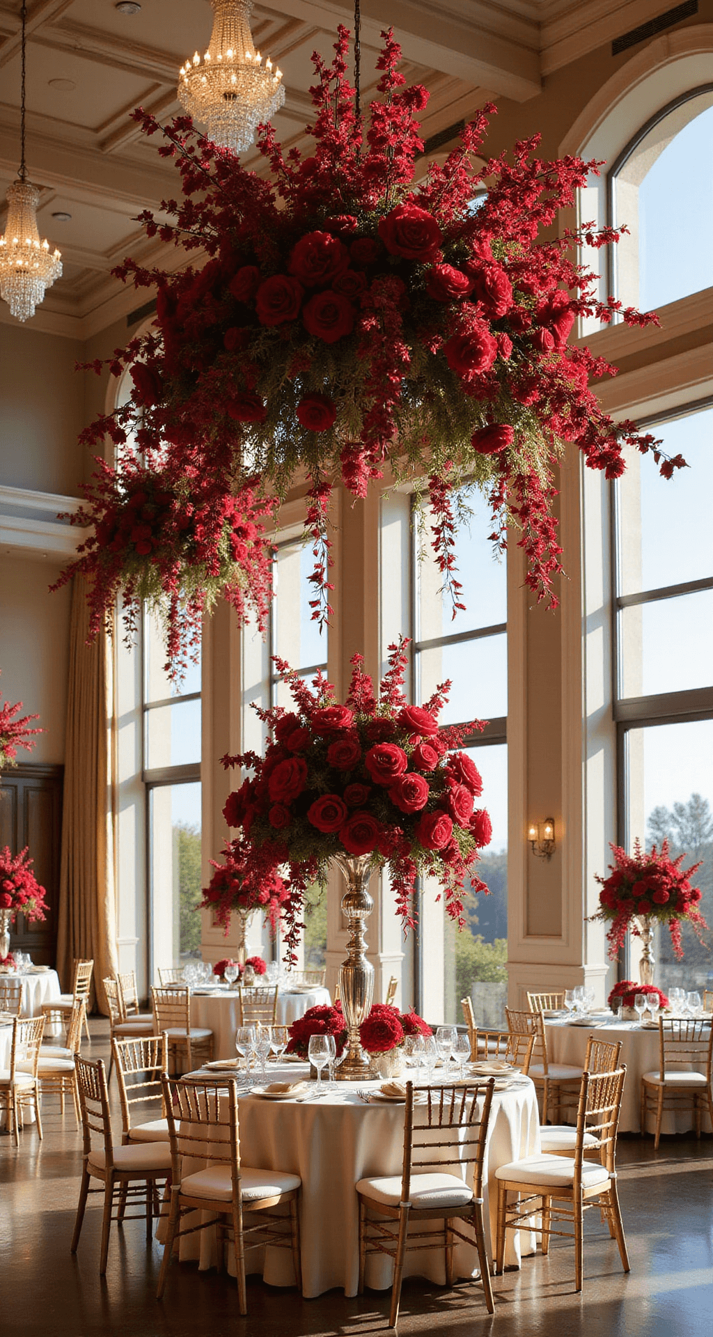 A luxurious hotel ballroom filled with dramatic red floral installations and crystal chandeliers, featuring tall candelabras adorned with climbing red roses, set against warm afternoon light streaming through large windows.