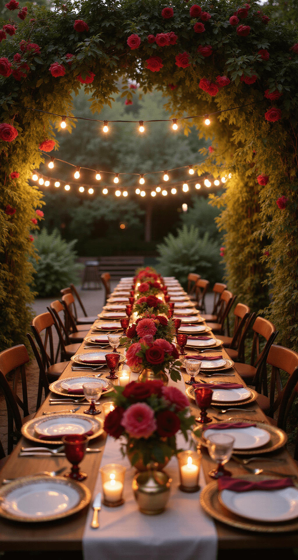 Intimate courtyard garden at golden hour with a tunnel of red climbing roses and twining vines, market lights glowing overhead, farmhouse tables adorned with burgundy taper candles and lush floral centerpieces, vintage brass vessels and mercury glass votives, viewed from a guest's perspective.