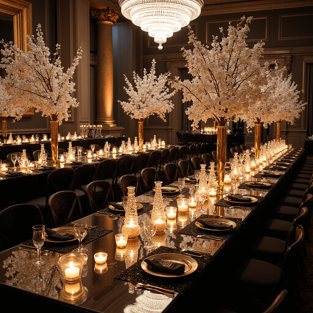 Dramatic overhead view of a New Year's Eve wedding reception with mirrored tables reflecting floating candles, tall crystal branches with orchids, black sequined linens, metallic chargers, gold-rimmed stemware, champagne towers, and a crystal chandelier.