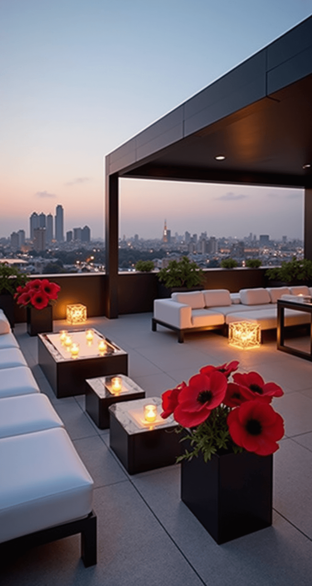 A modern rooftop venue at dusk featuring minimalist architecture, white lounge furniture, and bold arrangements of red anemones and calla lilies in black ceramic vessels, with twinkling city lights and floating candles for mood lighting, captured from an elevated angle.