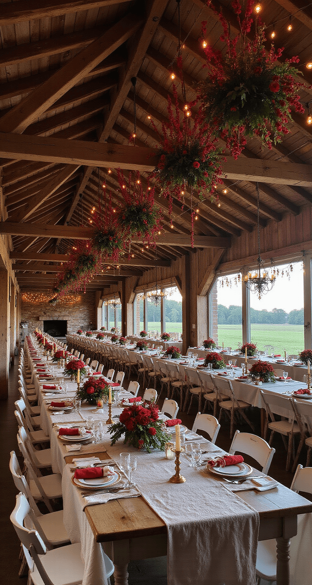 Rustic barn interior adorned with red flower installations, draped pepper berry garlands, and long farm tables set with vintage brass candlesticks and terracotta arrangements, illuminated by fairy lights during blue hour.