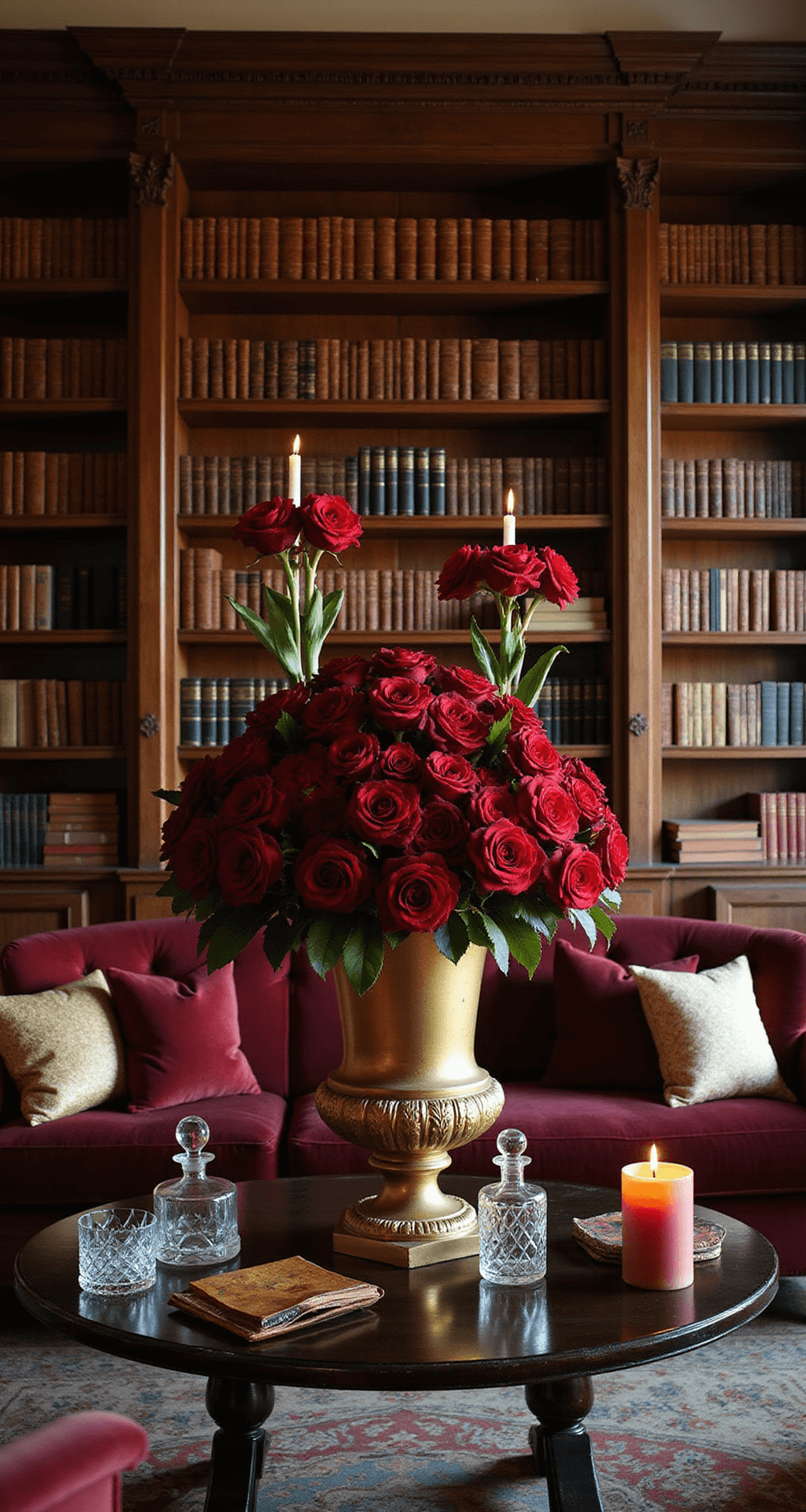 Luxurious winter scene in a historic mansion library featuring rich mahogany bookshelves, deep red roses and amaryllis in gold urns, jewel-toned velvet seating with metallic accents, and flickering candlelight illuminating crystal decanters and vintage brass details.
