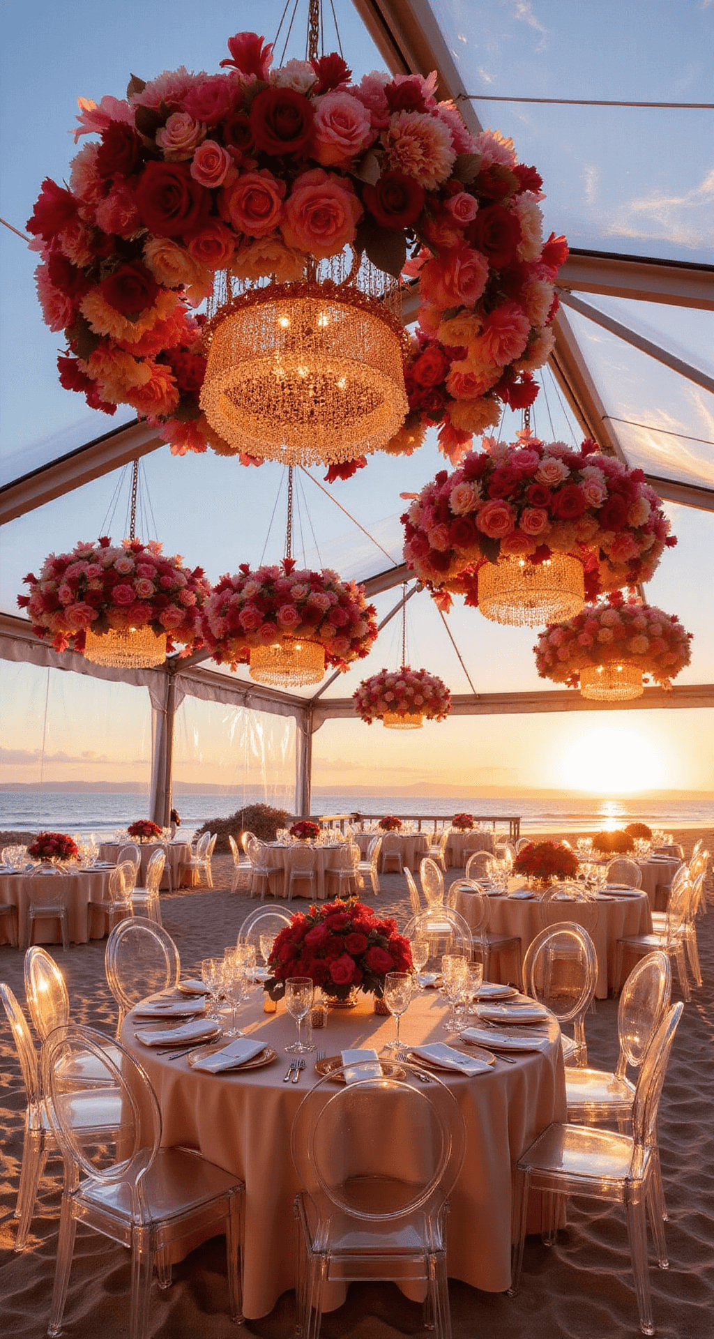 A beachfront celebration at sunset, featuring a clear-top tent adorned with suspended floral chandeliers in an ombre red design, surrounded by ghost chairs and round tables with centerpieces of garden roses, peonies, and ranunculus in a gradient of pink to deep red, with sand and sea visible through the tent sides illuminated by golden light.