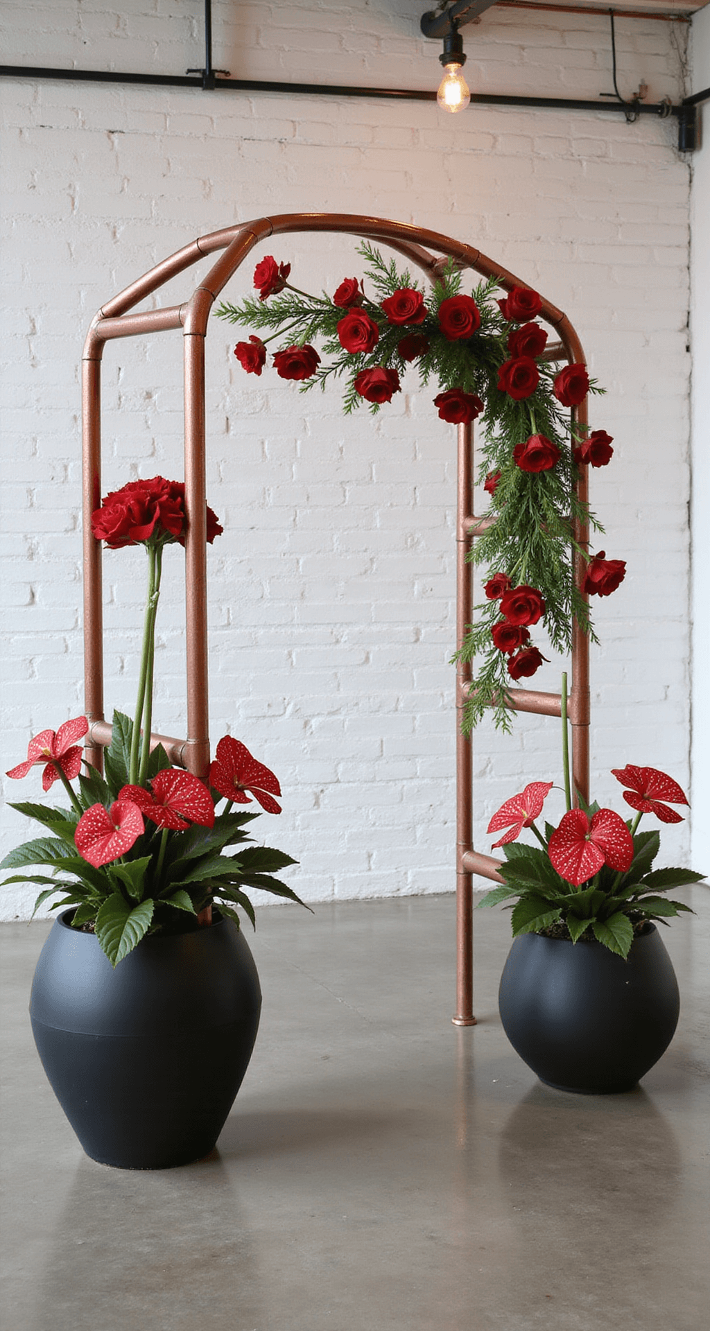 Modern loft interior featuring white brick walls and polished concrete floors, adorned with red floral arrangements in matte black vases, geometric copper pipe archways with red roses, and industrial Edison bulb lighting.