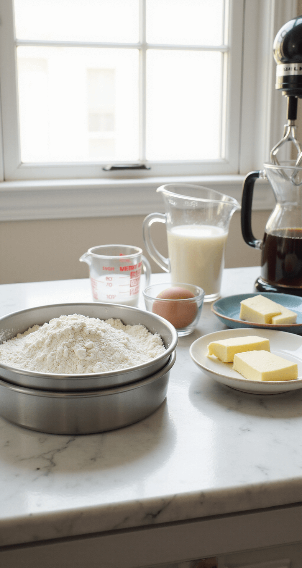 A well-organized professional kitchen featuring a marble countertop with baking ingredients, including three cake pans, sifted flour, room temperature eggs, and containers of sugar and butter, illuminated by natural light. A stand mixer and glass jars of vanilla extract and milk are also visible.