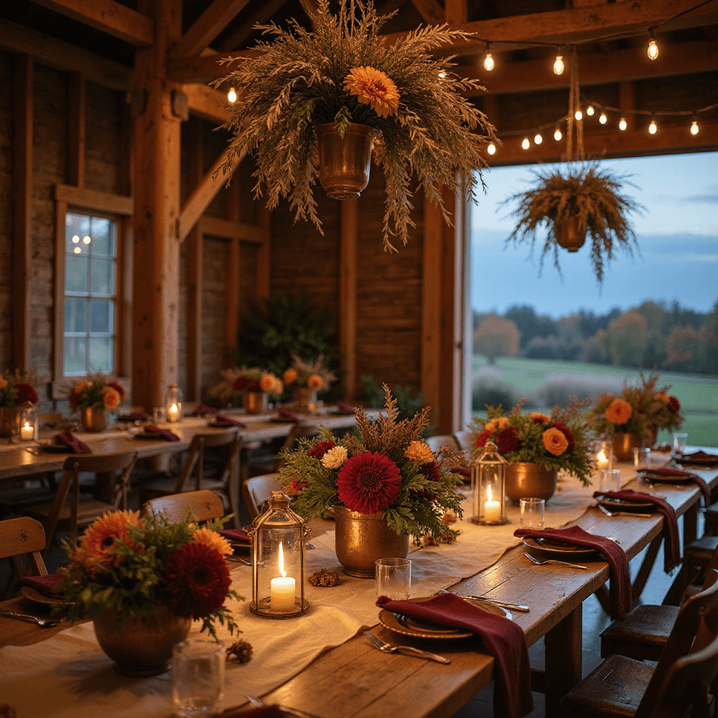 A rustic autumn barn wedding at blue hour with wooden farm tables, tan runners, burgundy velvet napkins, brass lanterns, copper vessels, dahlias, ranunculus, fall foliage, and hanging dried grass installations with amber uplighting.