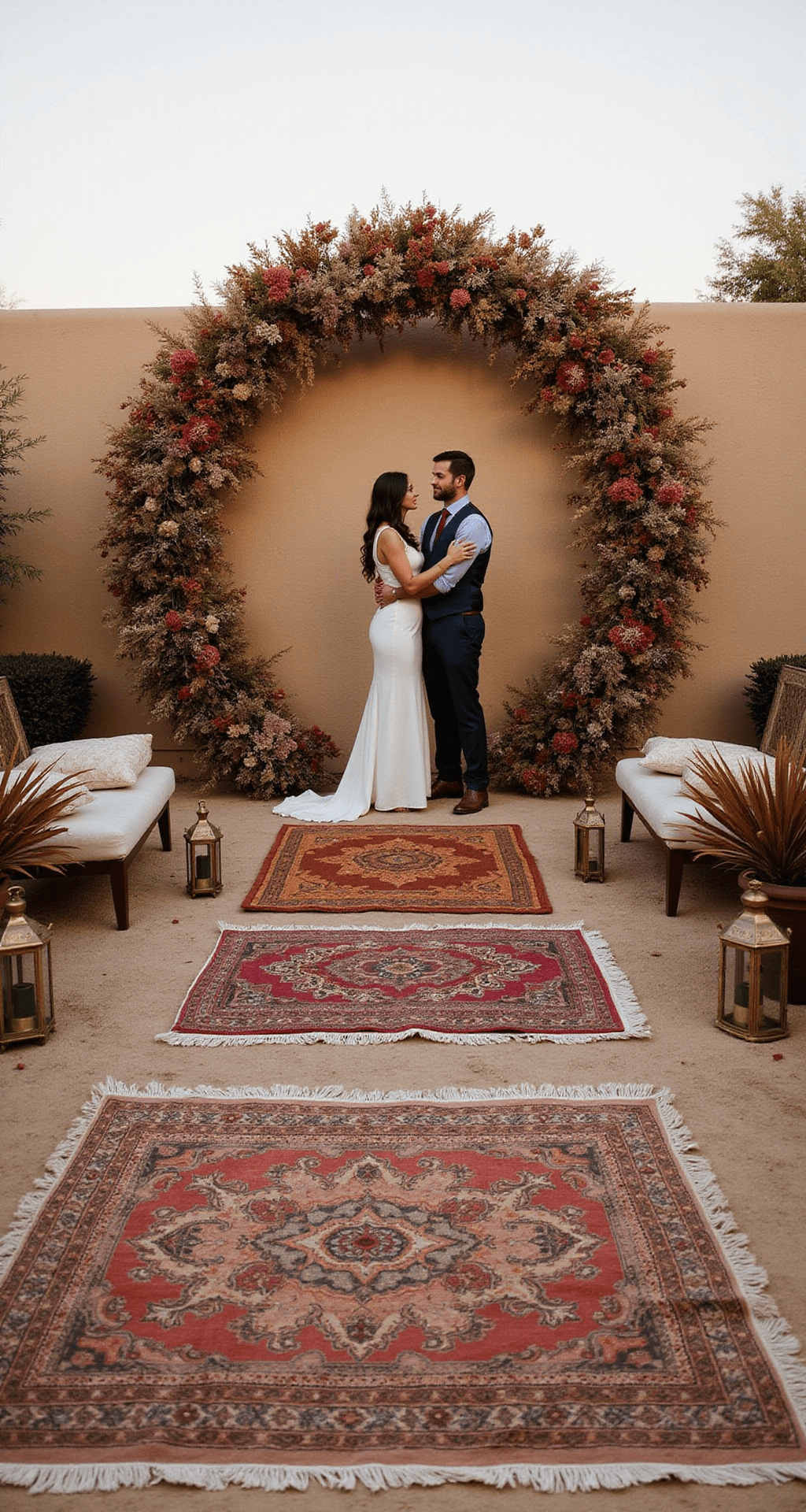 A bohemian backyard micro-wedding setup at sunset, featuring a circular dried flower mandala backdrop in rust, terracotta, and sand tones, with low lounge seating on vintage Moroccan rugs, floor cushions, brass lanterns, and dried palm arrangements.