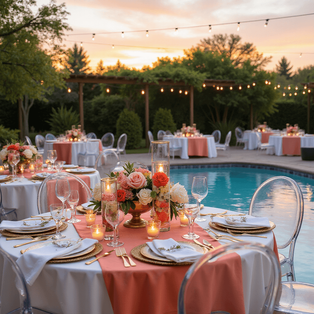 A sunset poolside summer party with modern lucite ghost chairs, tables adorned with coral silk overlays, submerged tropical flowers in tall glass cylinders, and low arrangements of garden roses. Rattan chargers and gold flatware enhance the setting, with string lights reflecting off the pool.