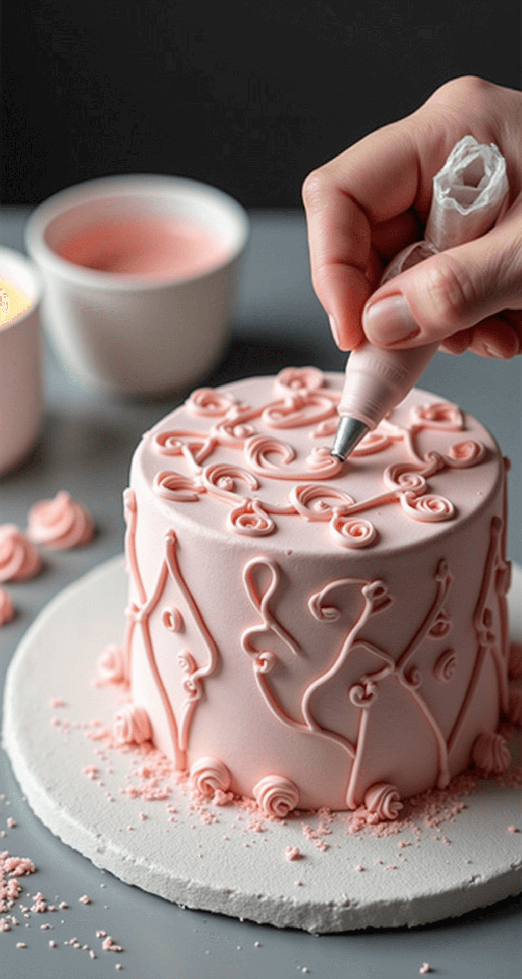 Close-up of a princess cake being decorated on a turntable, with a baker piping soft pink buttercream patterns while sugar pearls and edible glitter adorn the dome-shaped cake. Decorative tools and pastel fondant enhance the background.