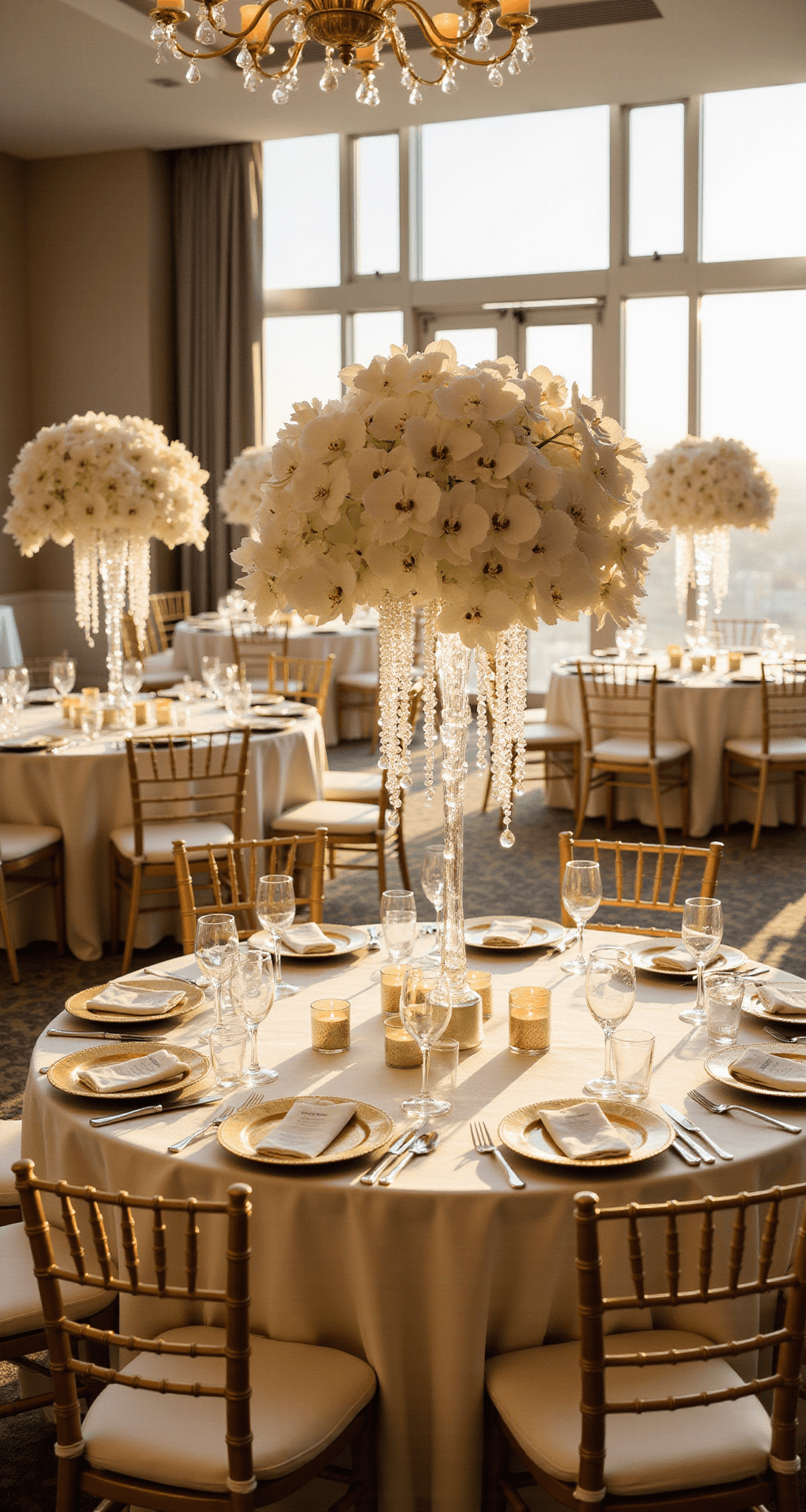 A luxurious hotel ballroom during golden hour, featuring elegantly set round tables with white phalaenopsis orchids in crystal vases, gold-rimmed chargers, and champagne-colored chiavari chairs, illuminated by soft natural light and sparkling chandeliers.