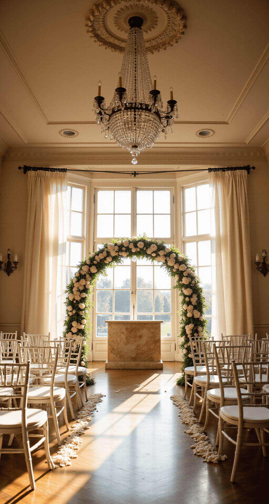 A picturesque ballroom ceremony at golden hour, featuring white rose and hydrangea floral arrangements, an elegant marble altar, ivory drapery, and a petal-strewn aisle, all illuminated by sunlight through large windows.