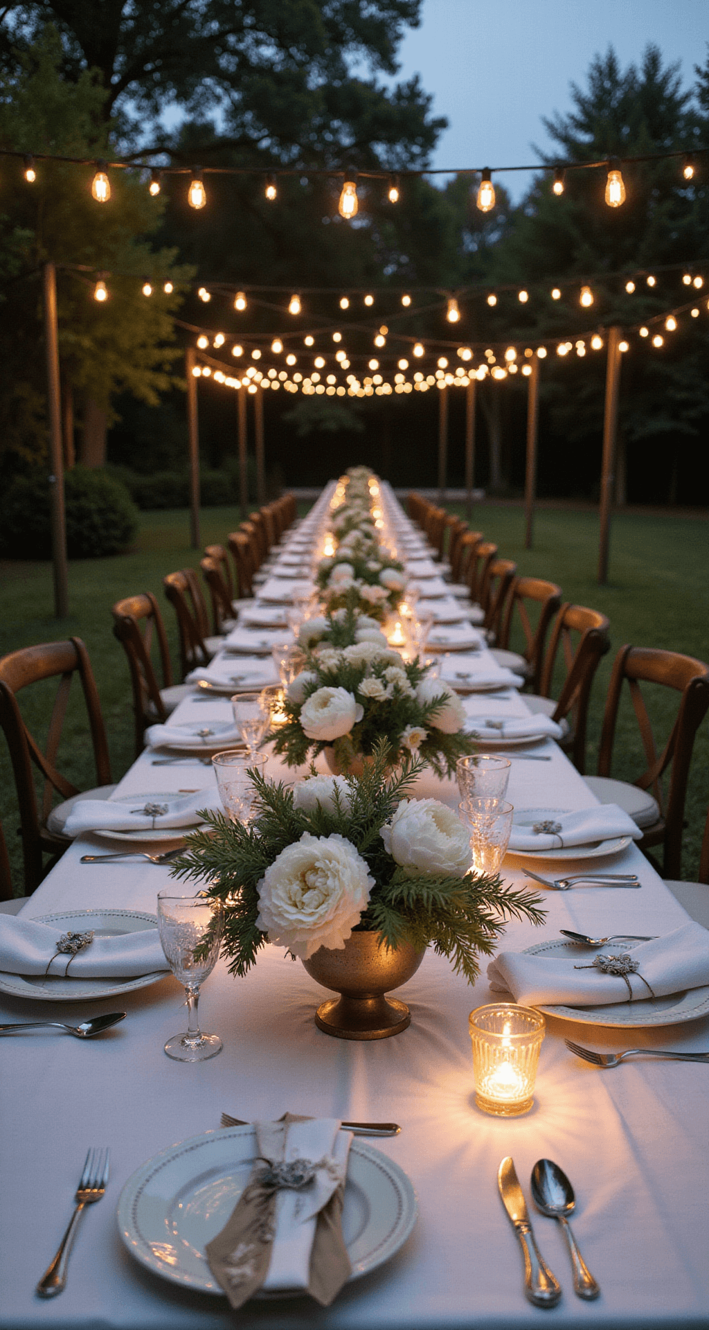An intimate garden reception at twilight with Edison bulbs overhead, long farm tables adorned with white linens and vintage milk glass centerpieces of peonies, ranunculus, and anemones, surrounded by flickering silver mercury glass votives and antique silverware, captured from an elevated angle.