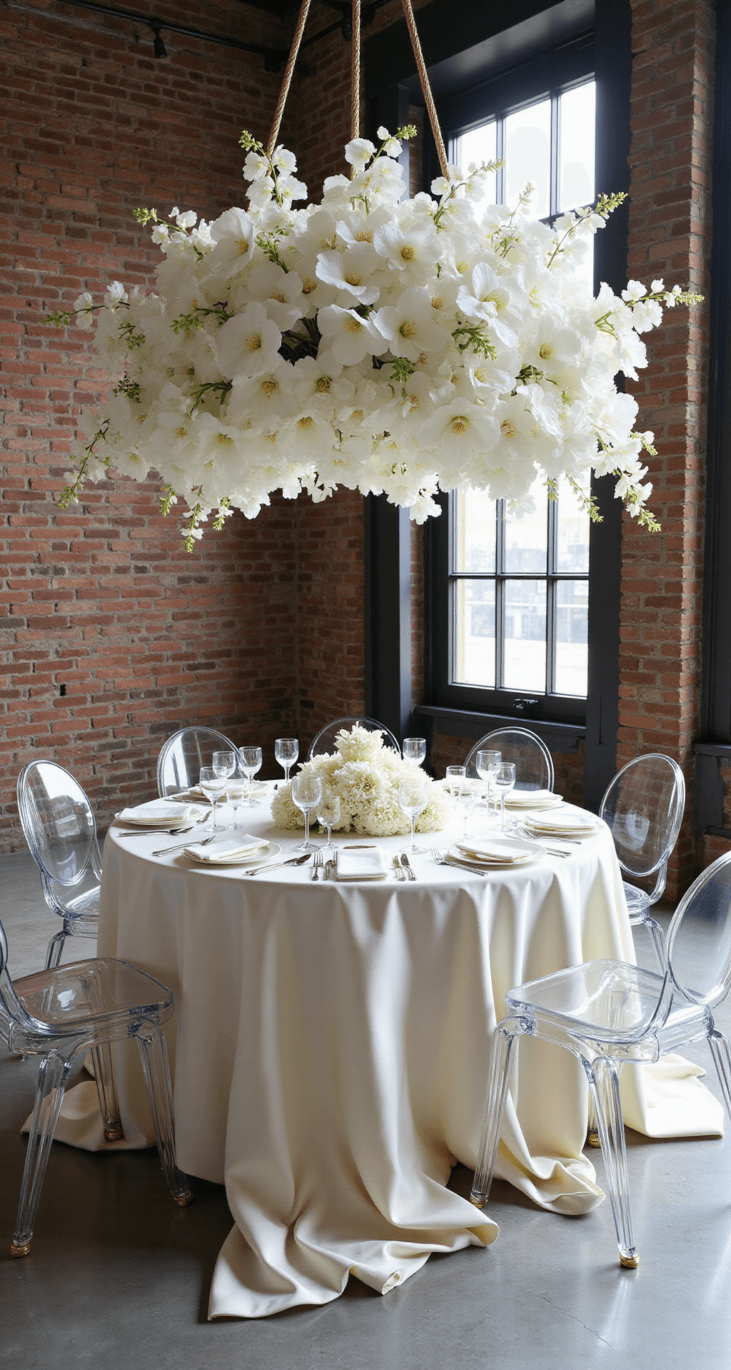 A modern luxe head table with a suspended floral arrangement of white calla lilies and orchids above a marble table draped in silk charmeuse, featuring ghost chairs and gold-rimmed place settings, set against exposed brick walls and industrial windows.