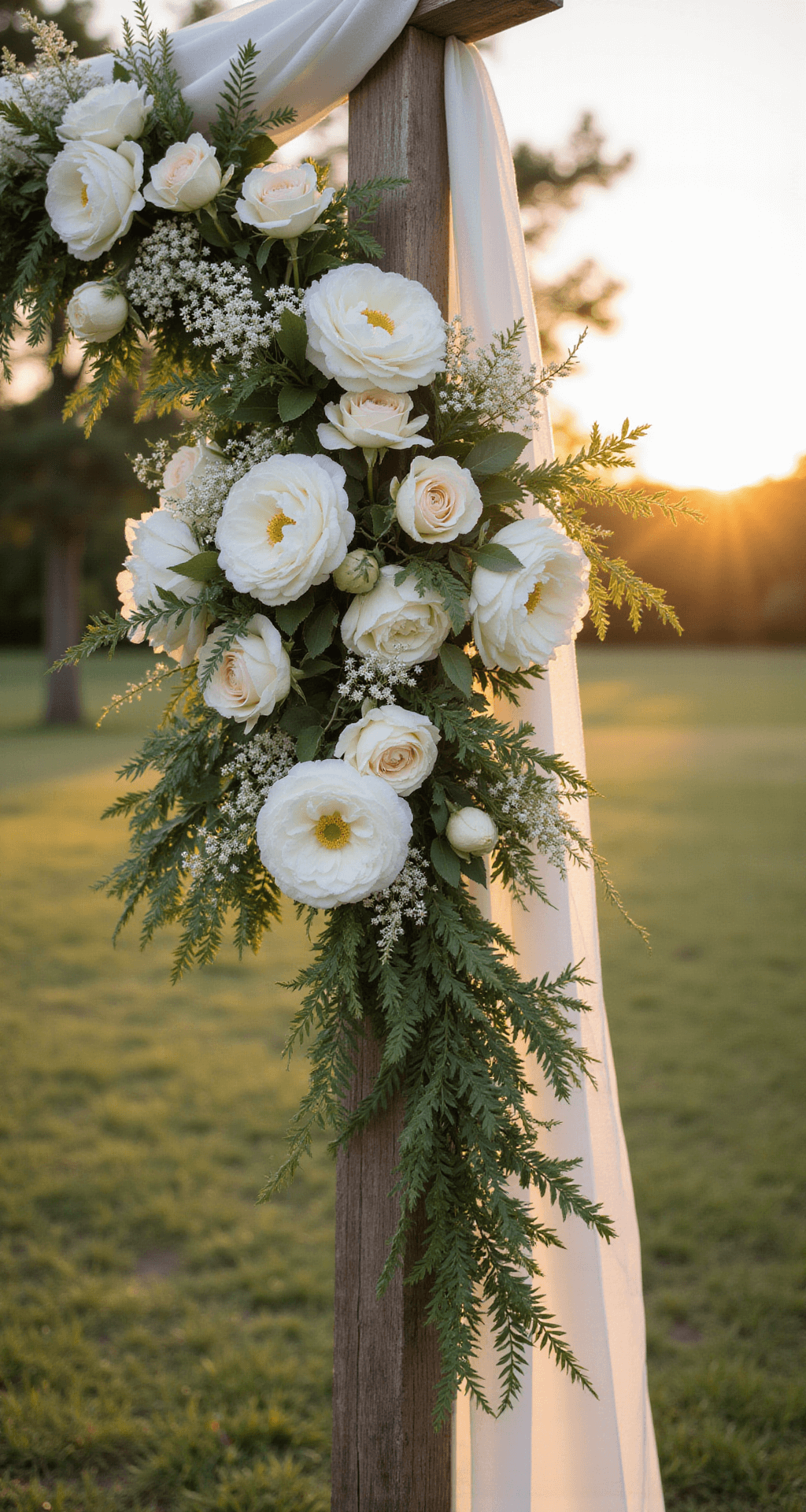 Close-up of a romantic ceremony arch adorned with white garden roses, peonies, and delicate cosmos, asymmetrically arranged around a weathered wooden frame. Soft greenery adds movement, and sheer drapery gently billows in the breeze, all illuminated by golden light during a spring sunset.