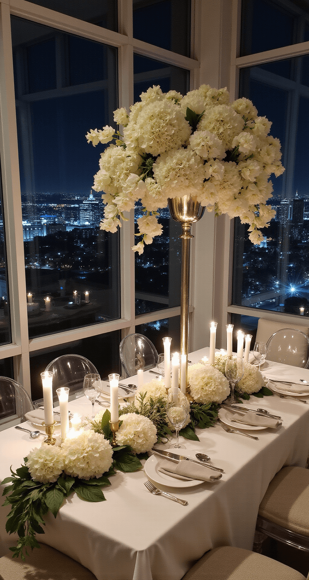 An elegant sweetheart table adorned with white hydrangeas and calla lilies in a metallic vessel, surrounded by taper candles, set against floor-to-ceiling windows displaying a city skyline at night, with white velvet linens and ghost chairs.