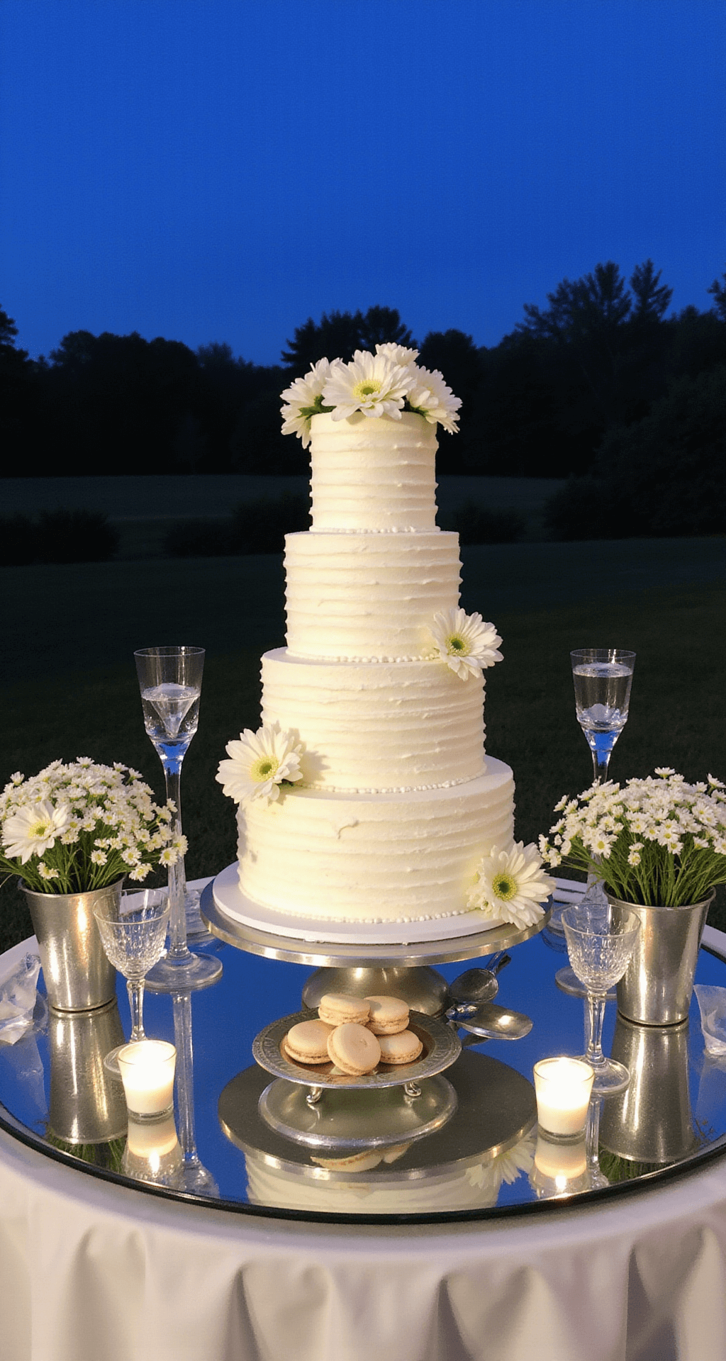 A four-tier white wedding cake adorned with fresh white flowers sits on a mirrored table surrounded by crystal candlesticks and silver vessels filled with white scabiosa and cosmos, complemented by white macarons and champagne coupes, all captured at blue hour from a low angle.