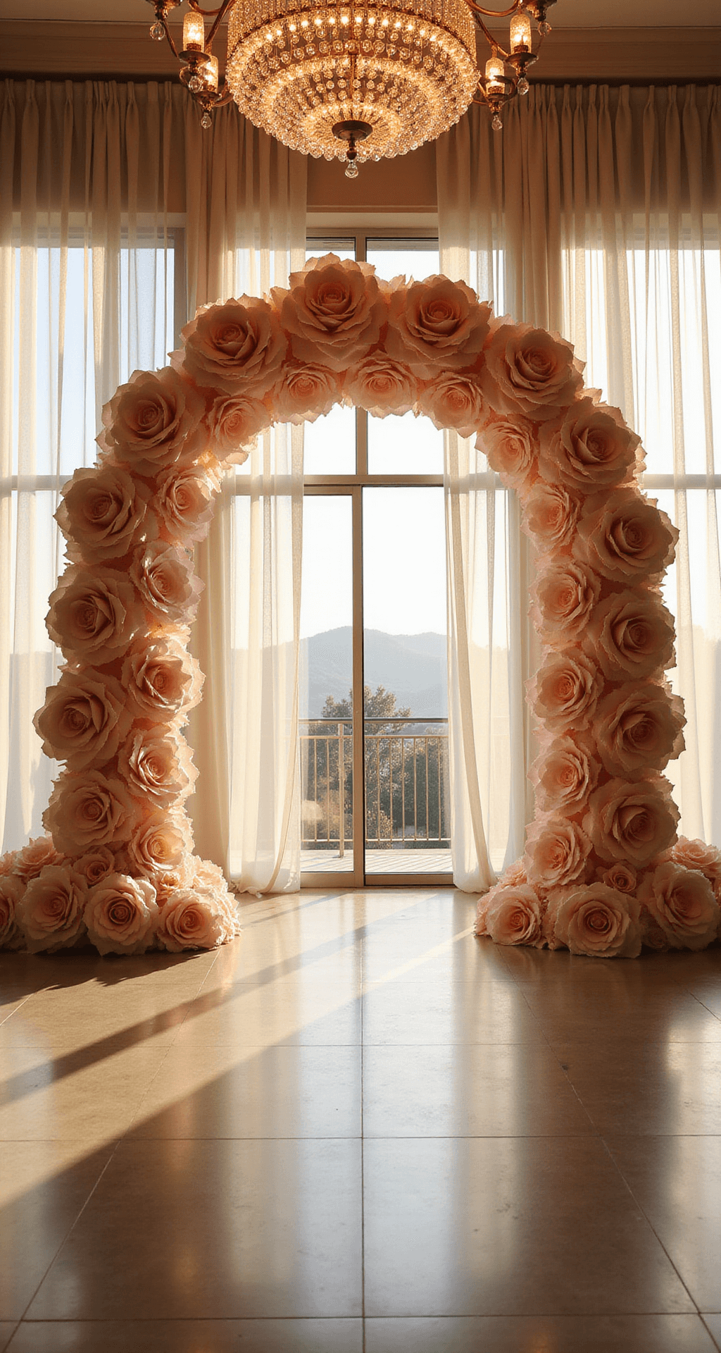 A grand wedding ceremony backdrop with an 8-foot blush pink and ivory paper rose installation, illuminated by golden hour sunlight through tall windows, framed by sheer white draping and sparkling crystal chandeliers.