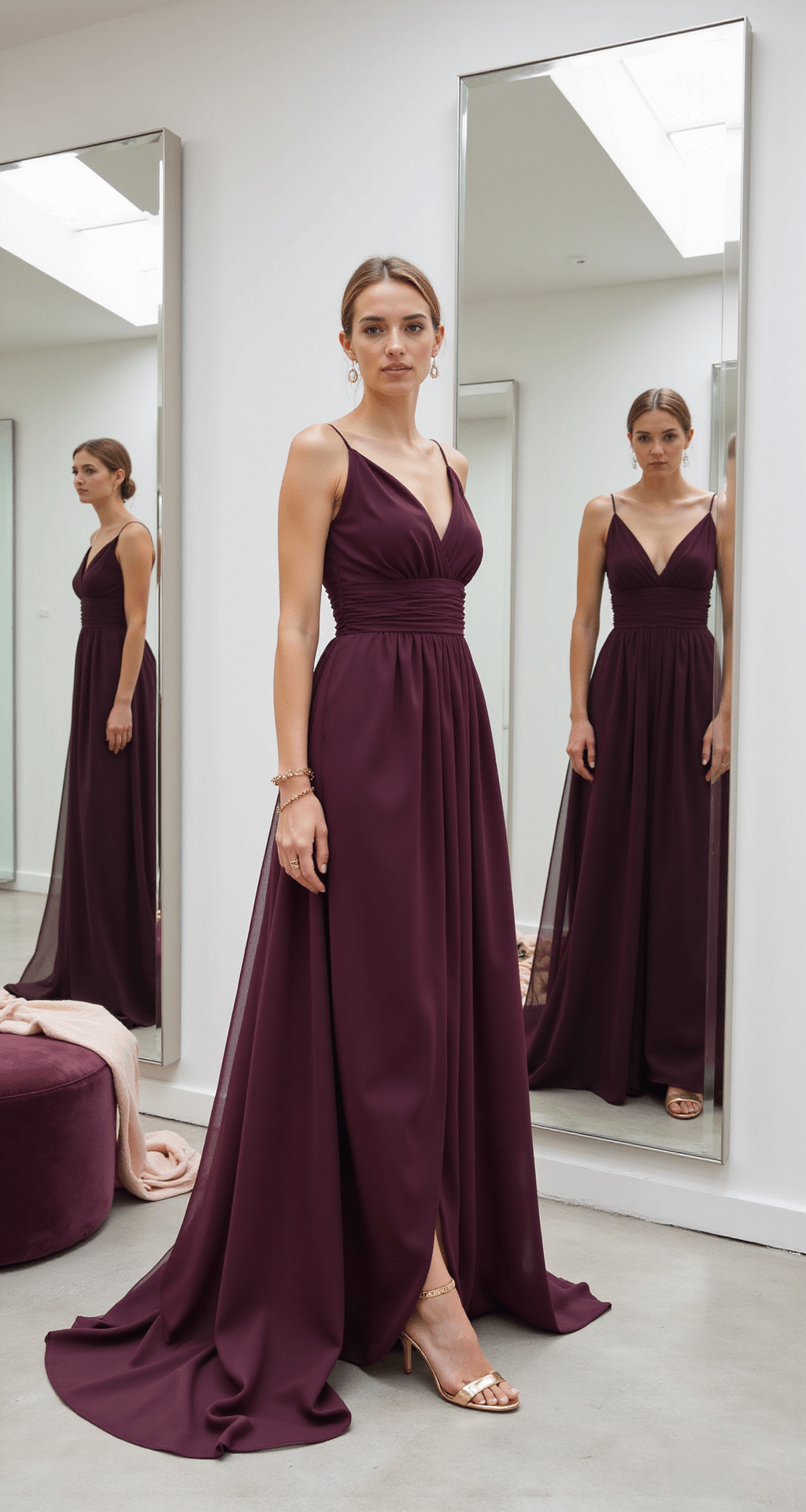 Minimalist bridal boutique interior with floor-length mirrors reflecting a model in a deep plum chiffon dress, styled with metallic heels and a rose gold bracelet, beside a blush shawl on a velvet ottoman, illuminated by soft skylight.