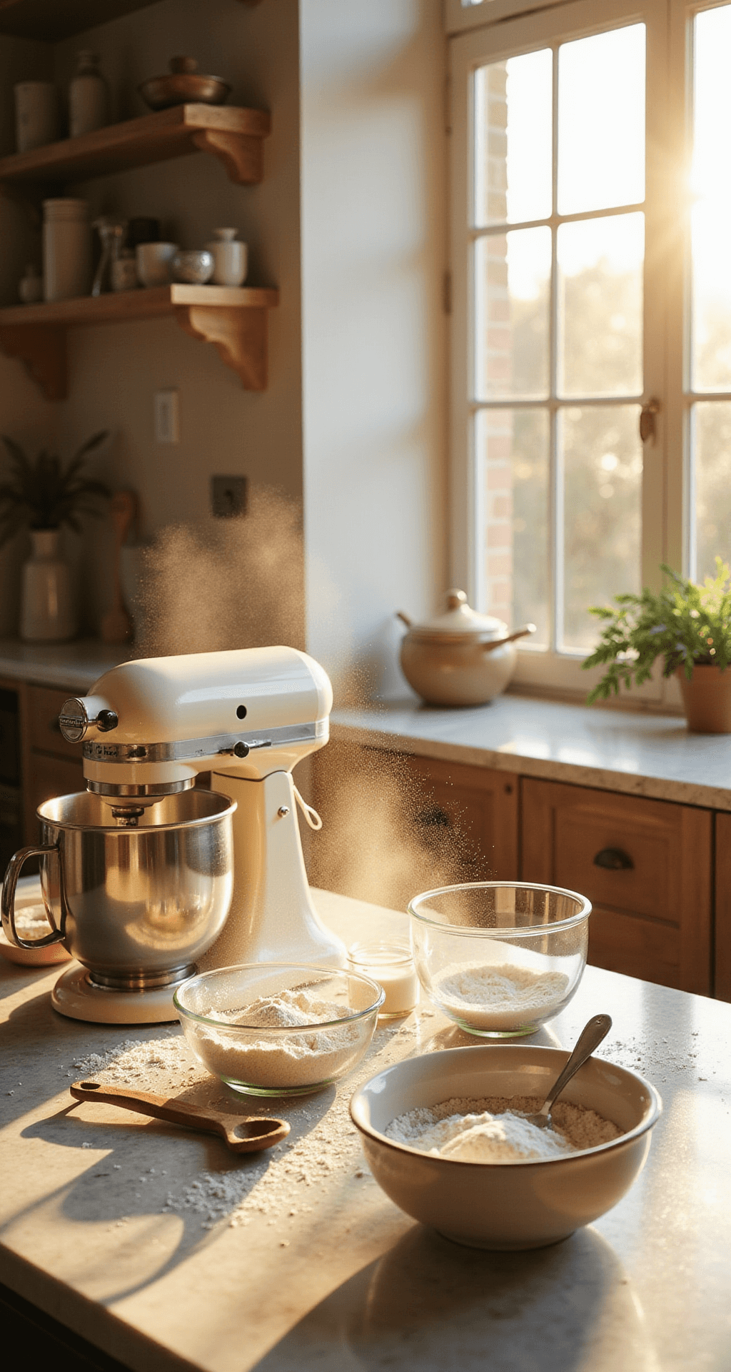 A sunlit professional kitchen with large windows, featuring vintage glass bowls of ingredients, a cream stand mixer, antique baking tools on a marble countertop, and sifted flour creating a dust cloud.