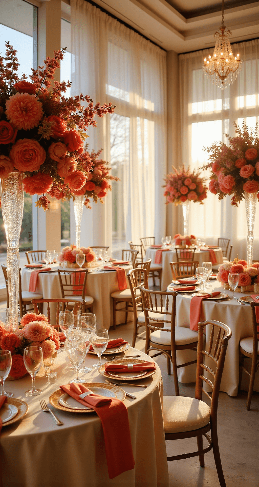Luxurious ballroom wedding reception with coral and gold theme, featuring glass centerpieces with coral flowers, ivory silk-draped tables, crystal chandeliers, and golden hour light filtering through large windows.