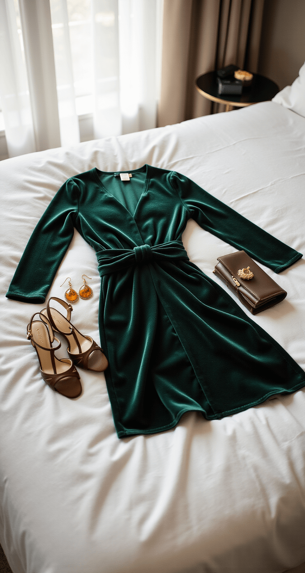 A cozy hotel suite bedroom with late afternoon light illuminating a forest green velvet wrap dress laid flat on a white duvet, surrounded by bronze T-strap heels, a vintage clutch, and amber drop earrings, captured from above with soft shadows.