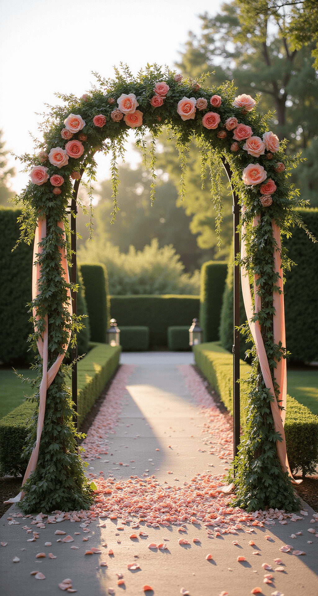 A garden ceremony arch adorned with coral garden roses, protea, and trailing ivy, backlit by natural sunlight with vintage brass lanterns and fluttering ribbons.