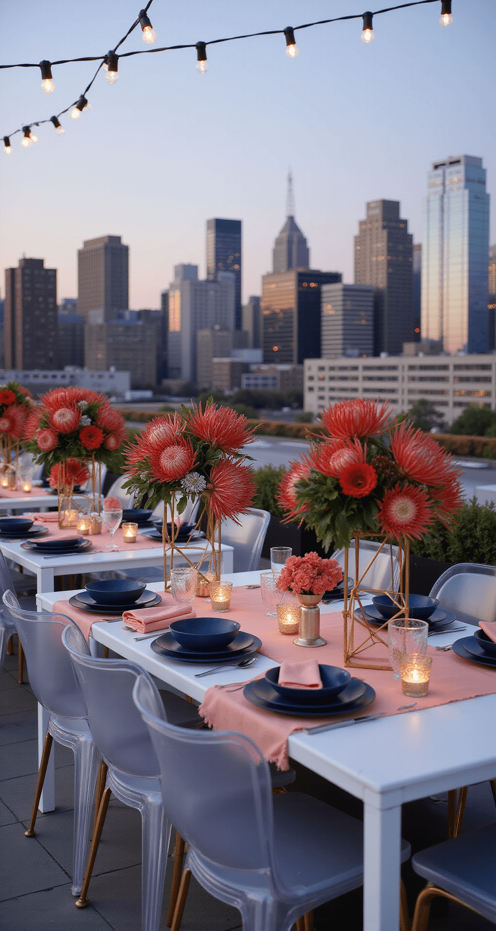 Rooftop celebration with coral and navy decor, geometric gold stands with floral arrangements, and ghost chairs around white tables, against a city skyline at dusk.