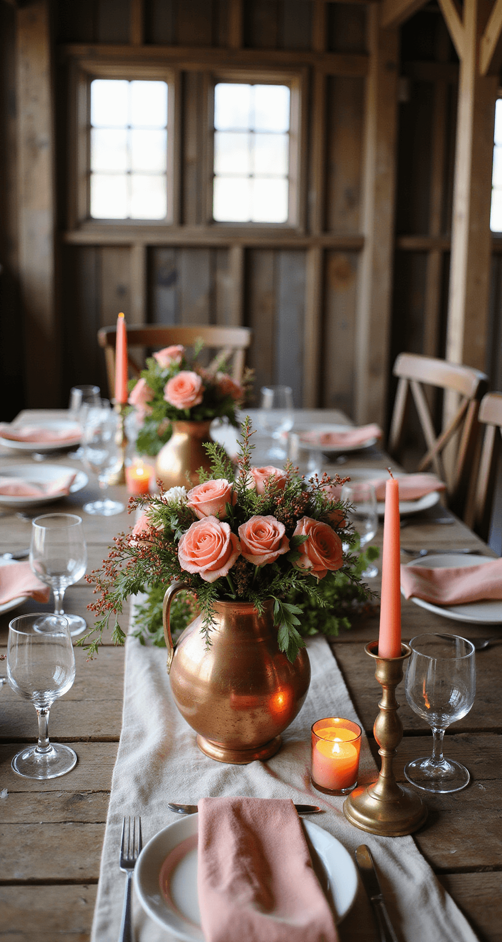 A rustic-luxe tablescape featuring a weathered harvest table with coral floral centerpieces in vintage copper vessels, surrounded by natural linen runners and antique brass candlesticks with coral taper candles, illuminated by natural light through barn windows.