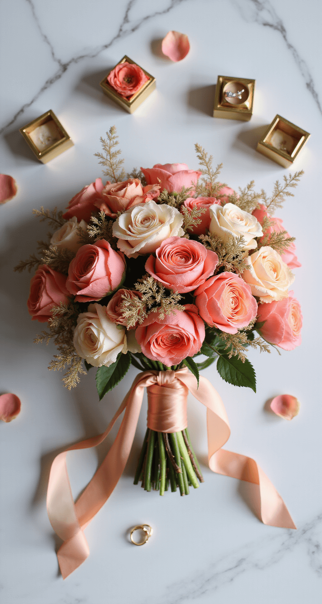 Overhead view of a coral bridal bouquet flatlay on white marble with peonies, roses, ranunculus, silk ribbons, gold jewelry, vintage ring boxes, and rose petals. Soft window light casts gentle shadows.