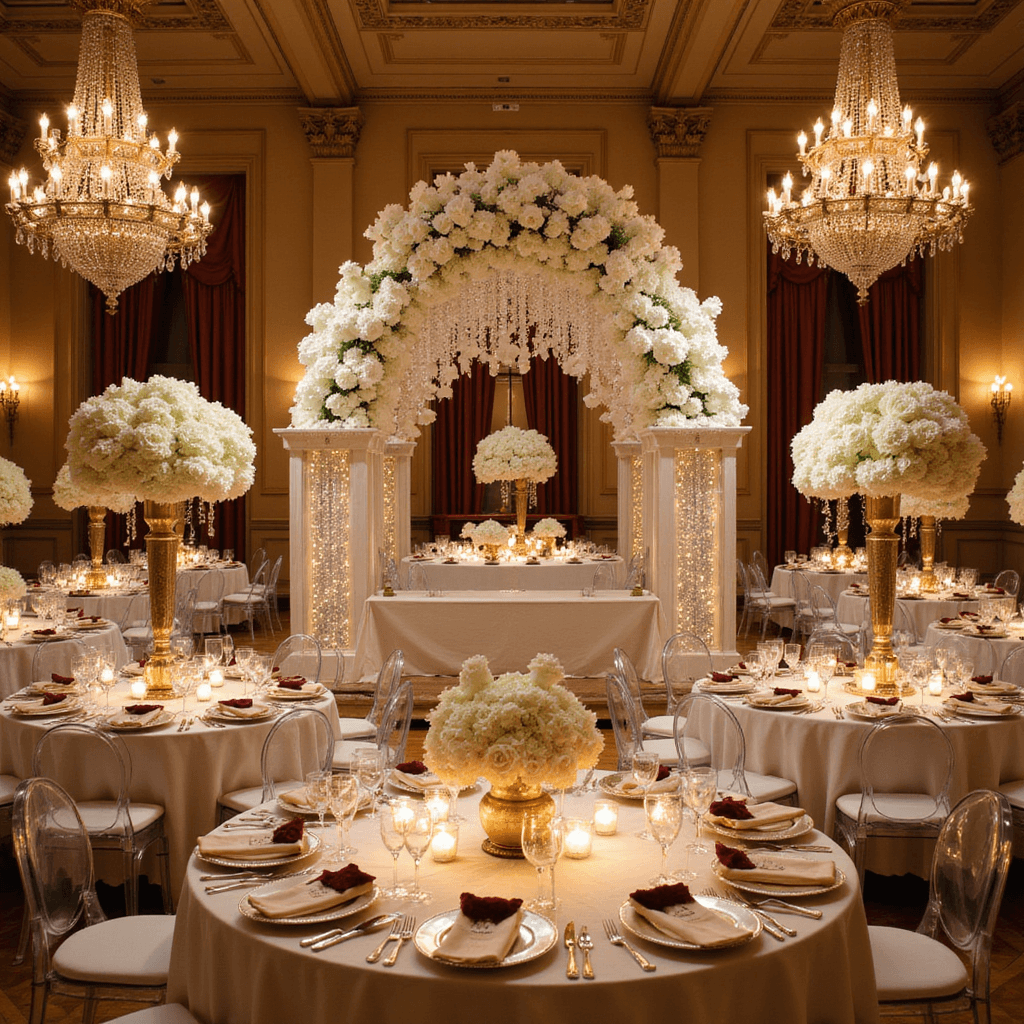 Elevated view of a grand ballroom wedding reception at golden hour, with crystal chandeliers casting light across ivory silk-draped tables, rose and hydrangea centerpieces, mirrored chargers, ghost chairs, and a floral arch with orchids and crystal strands.