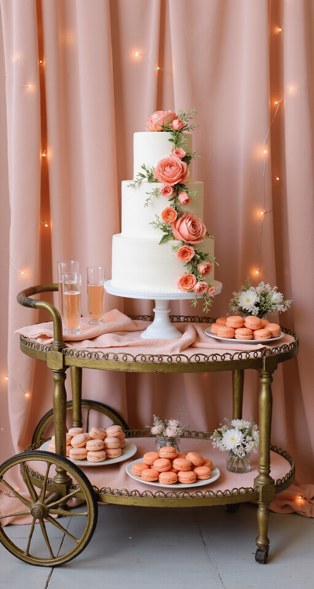 Three-tier white cake with coral flowers on a vintage cart, surrounded by coral macarons, champagne coupes, and posies in crystal vases, with sheer drapery and twinkle lights in the background.