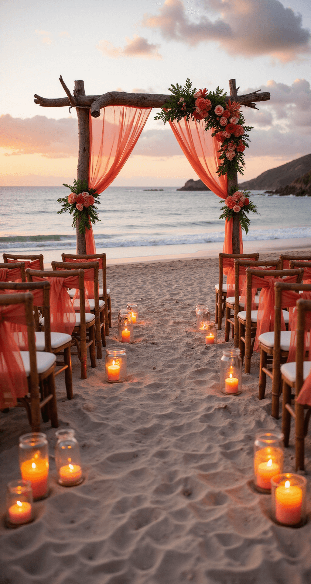 A beach wedding ceremony setup at sunset featuring bamboo chairs with coral sashes, a driftwood arch adorned with coral-colored roses and tropical greenery, and sand pathways lined with glass hurricanes containing coral candles, with the ocean and warm sunset in the horizon.