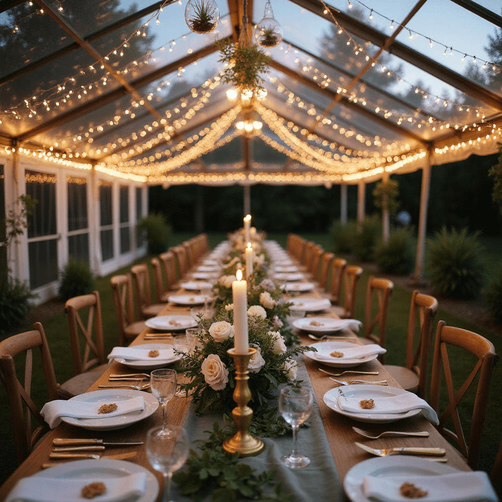 An eye-level view of an enchanted garden reception at twilight with a clear-top tent revealing twinkling fairy lights; long farm tables with sage velvet runners, organic floral centerpieces, vintage brass candlesticks with cream tapers, and hanging glass terrariums with air plants; wooden cross-back chairs surround the tables.