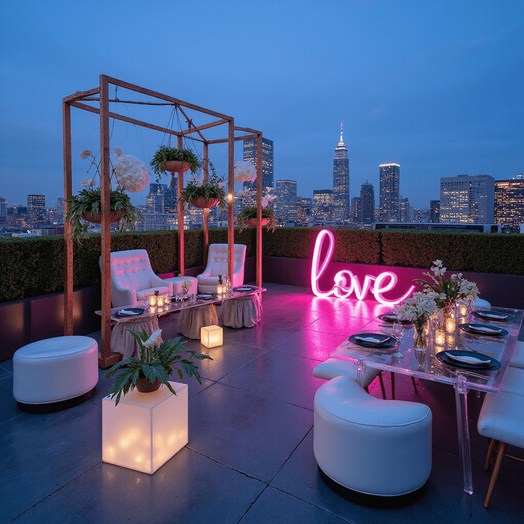 A rooftop celebration with geometric copper frames against a city skyline, featuring suspended white anthuriums and monstera leaves. LED-lit lucite tables with metallic linens, black chargers, and neon 'Love' signage illuminating white leather lounge seating.
