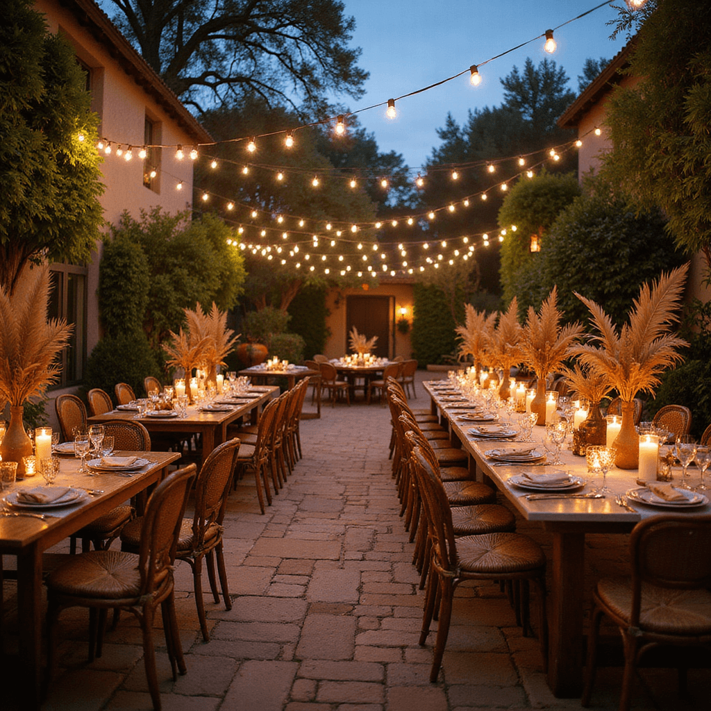 An intimate courtyard reception at dusk with market lights overhead, pillar candles along stone pathways, farm tables with neutral linens and dried floral arrangements, rattan peacock chairs in a bohemian lounge area with vintage rugs and copper tables.