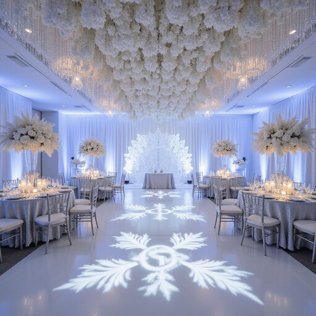 A luxurious winter celebration with a crystal-draped ceiling, silver sequined table linens, and tall silver candelabras with white floral arrangements. Ice sculptures and mirrors enhance candlelight around a personalized monogrammed dance floor.