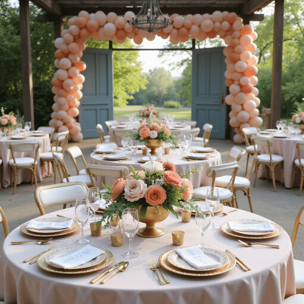 A whimsical garden brunch with pastel balloon garlands, vintage doors, blush linens, gold geometric centerpieces, and elegant place settings featuring gold-rimmed crystal and flower garnishes.
