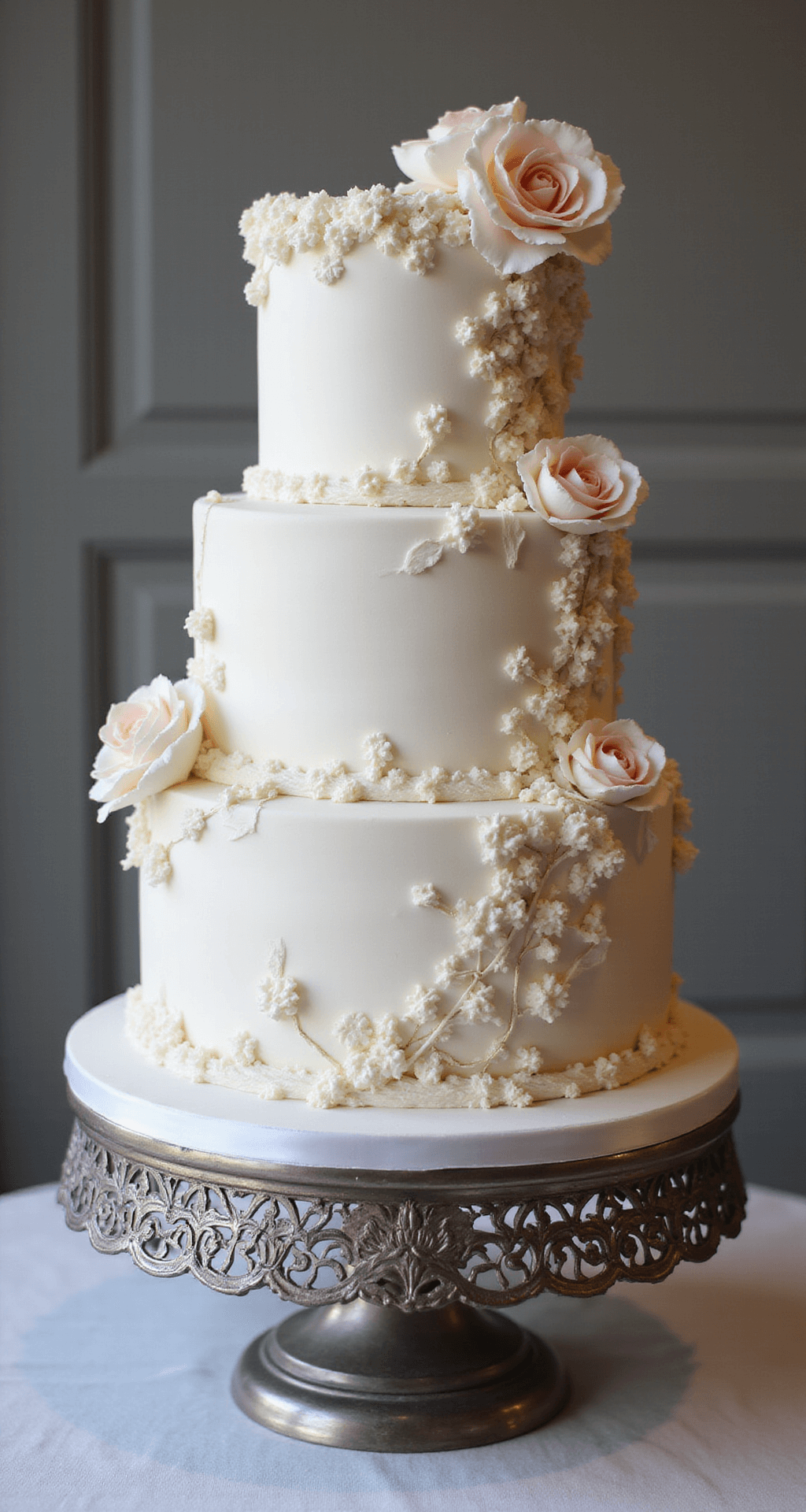 A vintage-inspired three-tiered white wedding cake with Lambeth piping, adorned with pale pink and cream sugar flowers, edible pearls, and gold leaf, on a silver stand in a classic patisserie setting.