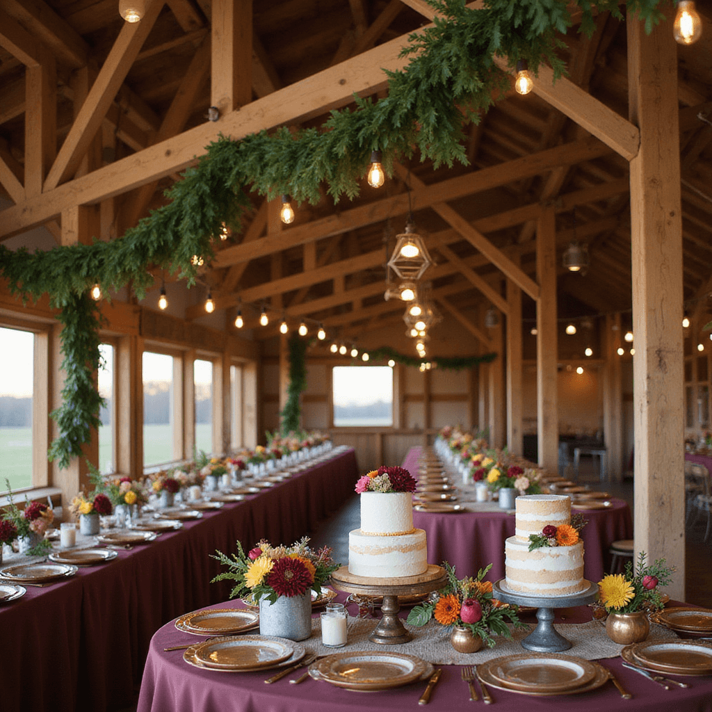 An autumn barn reception at sunset with wooden beams decorated in evergreen garlands and Edison bulbs. Tables have copper chargers, burgundy linens, and floral arrangements. A dessert display with naked cakes, blooms, and fruits.