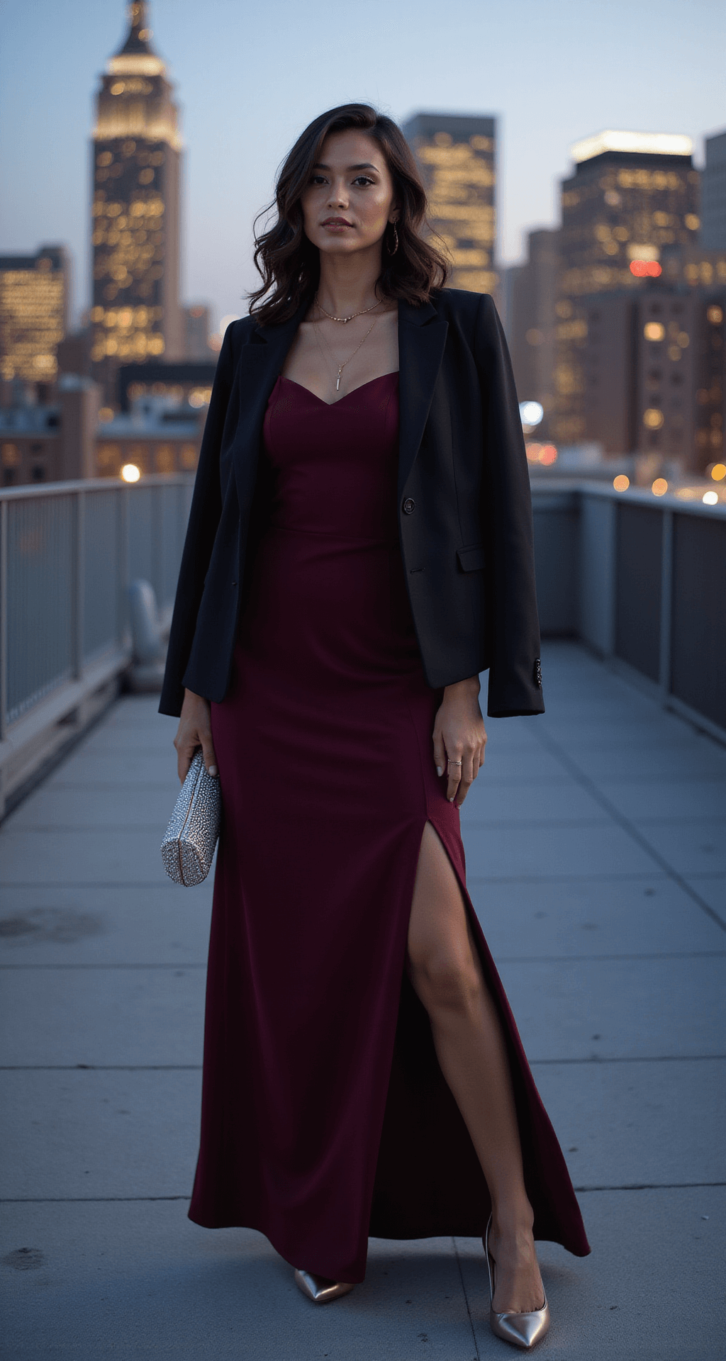 A model in a deep burgundy crepe maxi dress with a side slit and metallic pointed-toe pumps stands in a sophisticated urban rooftop setting at dusk, with city lights twinkling in the background. She wears a fitted black blazer draped over her shoulders and holds a crystal-embellished clutch, while her loose waves frame her face. The shot is taken from street level, highlighting the cityscape behind her.
