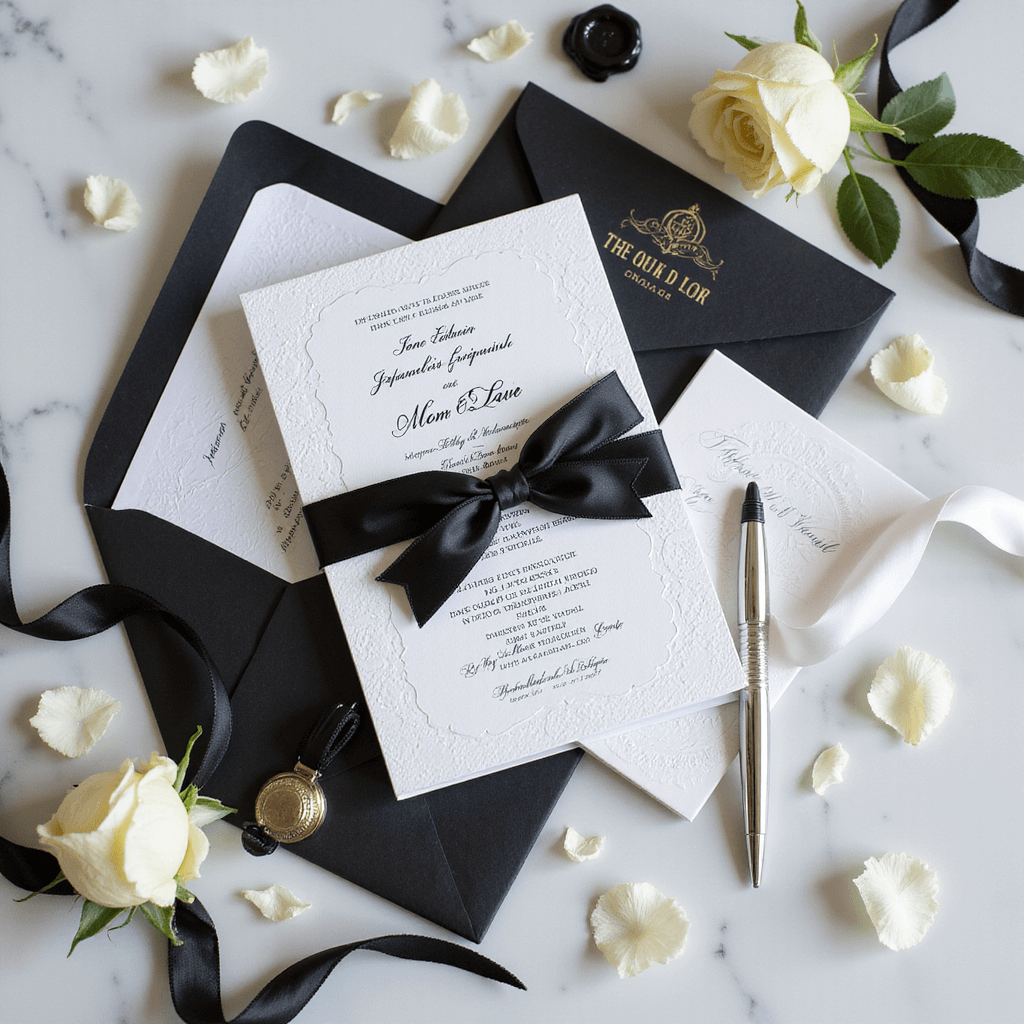 A luxurious wedding invitation flat lay on white marble, featuring black and white invitations with heavyweight paper, vellum, silk ribbons, a vintage silver pen, white rose petals, and a black wax seal. Soft shadows and professional macro details highlight embossed patterns and metallic foil accents.