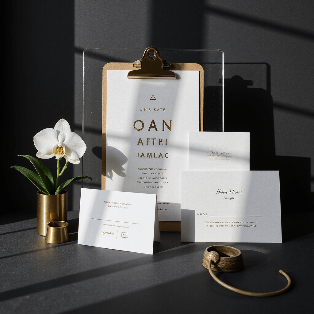 Modern geometric wedding invitation suite with bold typography and minimalist designs on a matte black backdrop, styled with a clear acrylic clipboard, brass objects, and a white orchid. Dramatic side lighting casts shadows, captured at a 45-degree angle.