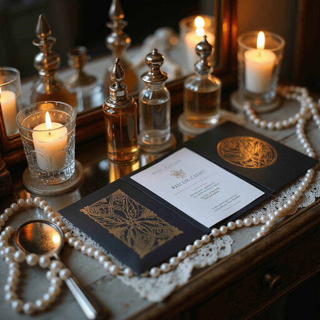 A vintage-inspired art deco wedding invitation vignette featuring black and white invitations with gold foil details, surrounded by vintage crystal perfume bottles, pearl strands, and a small silver hand mirror on an antique mirrored vanity under warm candlelight.
