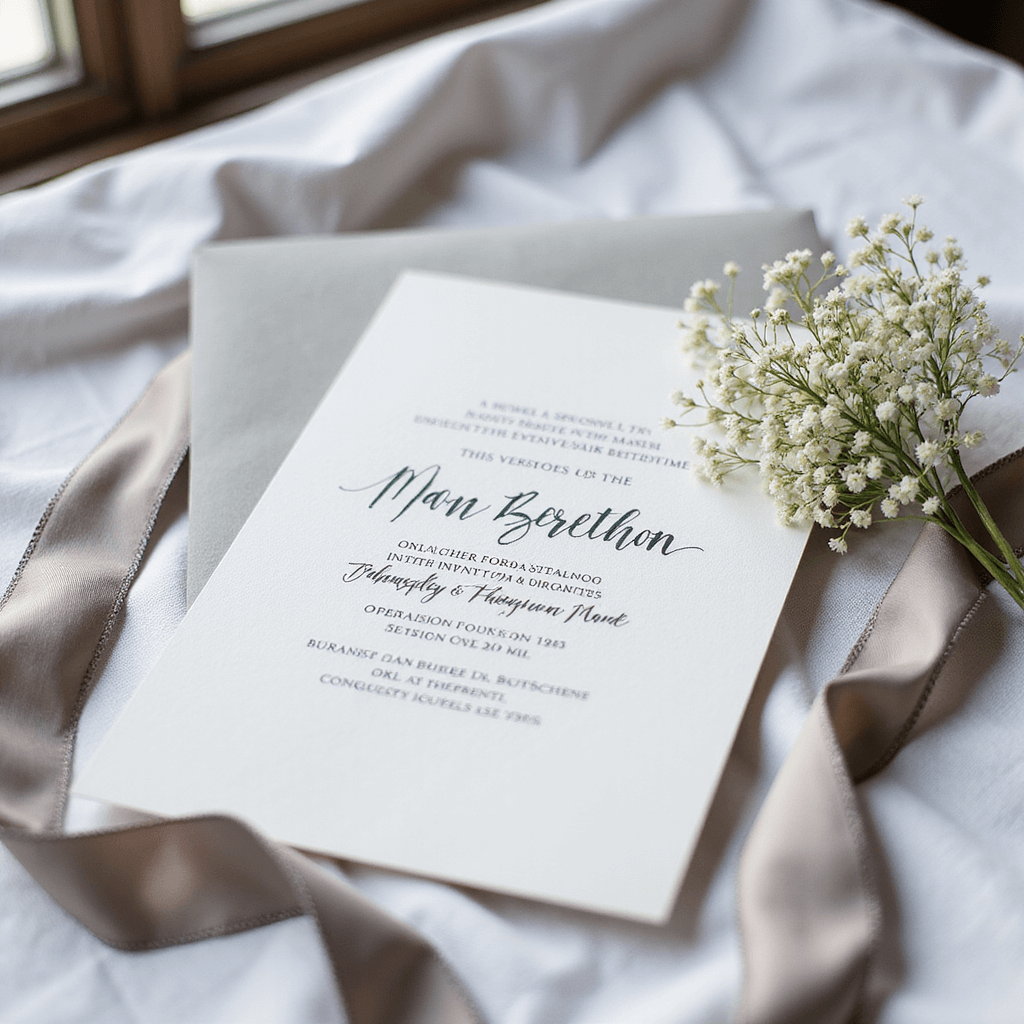 A minimalist black and white invitation centered on textured white linen with a hand-calligraphed envelope, dove grey silk ribbon, and dried baby's breath, highlighted by natural window light from the left.
